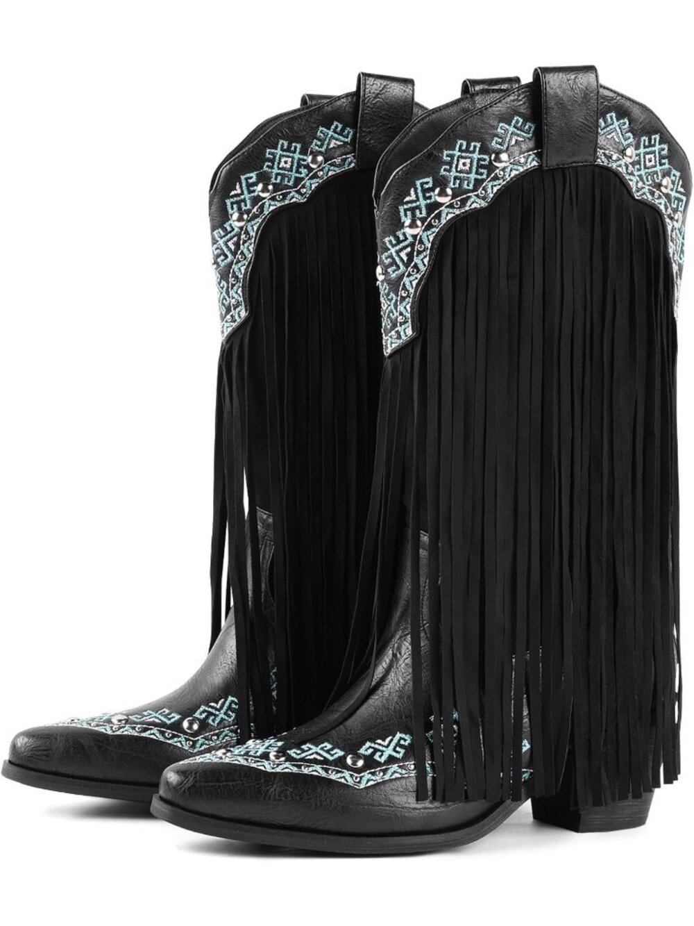 Women's Black Fringe Knee High Heel Boot Faux Fur Pointed Toe Snow Western Boots